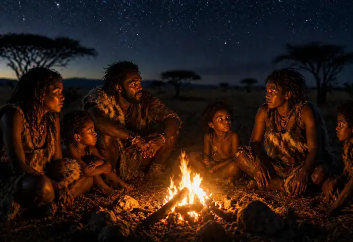 early humans around campfire at night