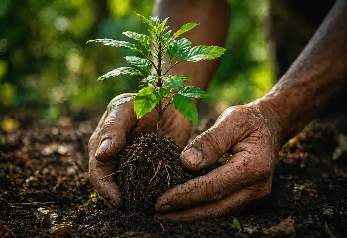 human hands holding young tree seedling in soil