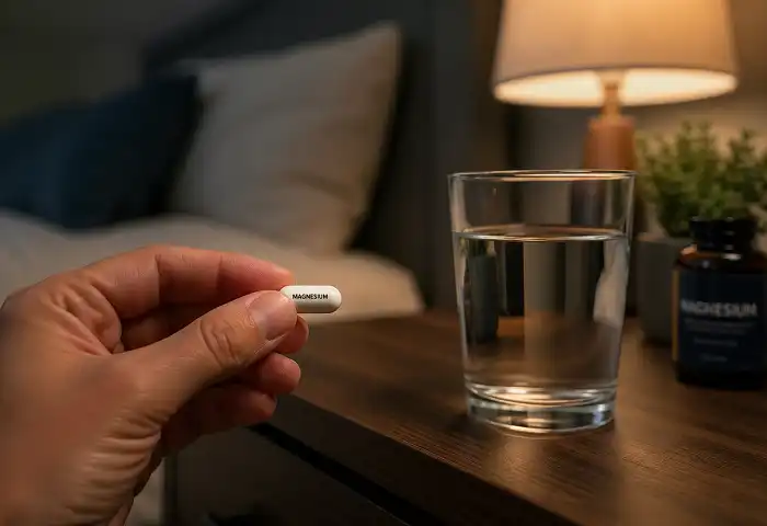 person taking magnesium supplement before sleep