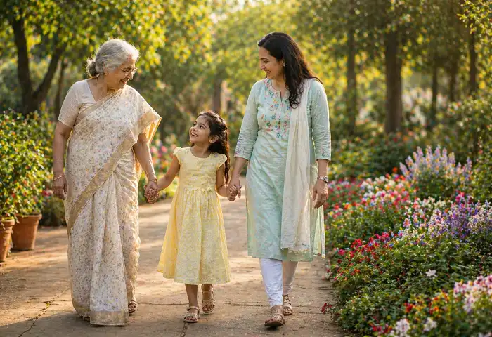 three generations family bonding outdoors