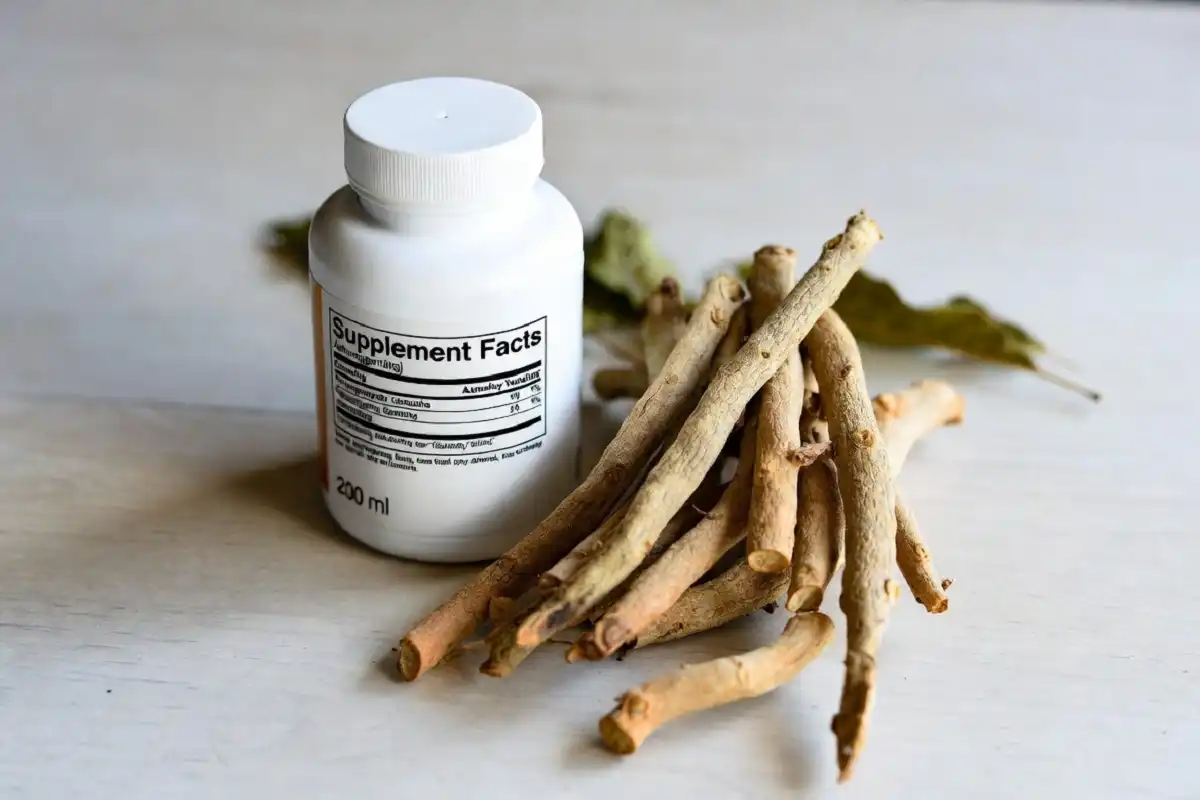 Ashwagandha Nature Made capsules beside fresh ashwagandha roots on a wood table