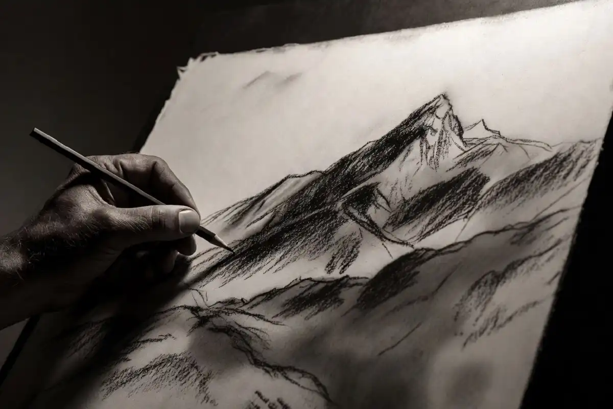 Charcoal nature drawings of a mountain landscape