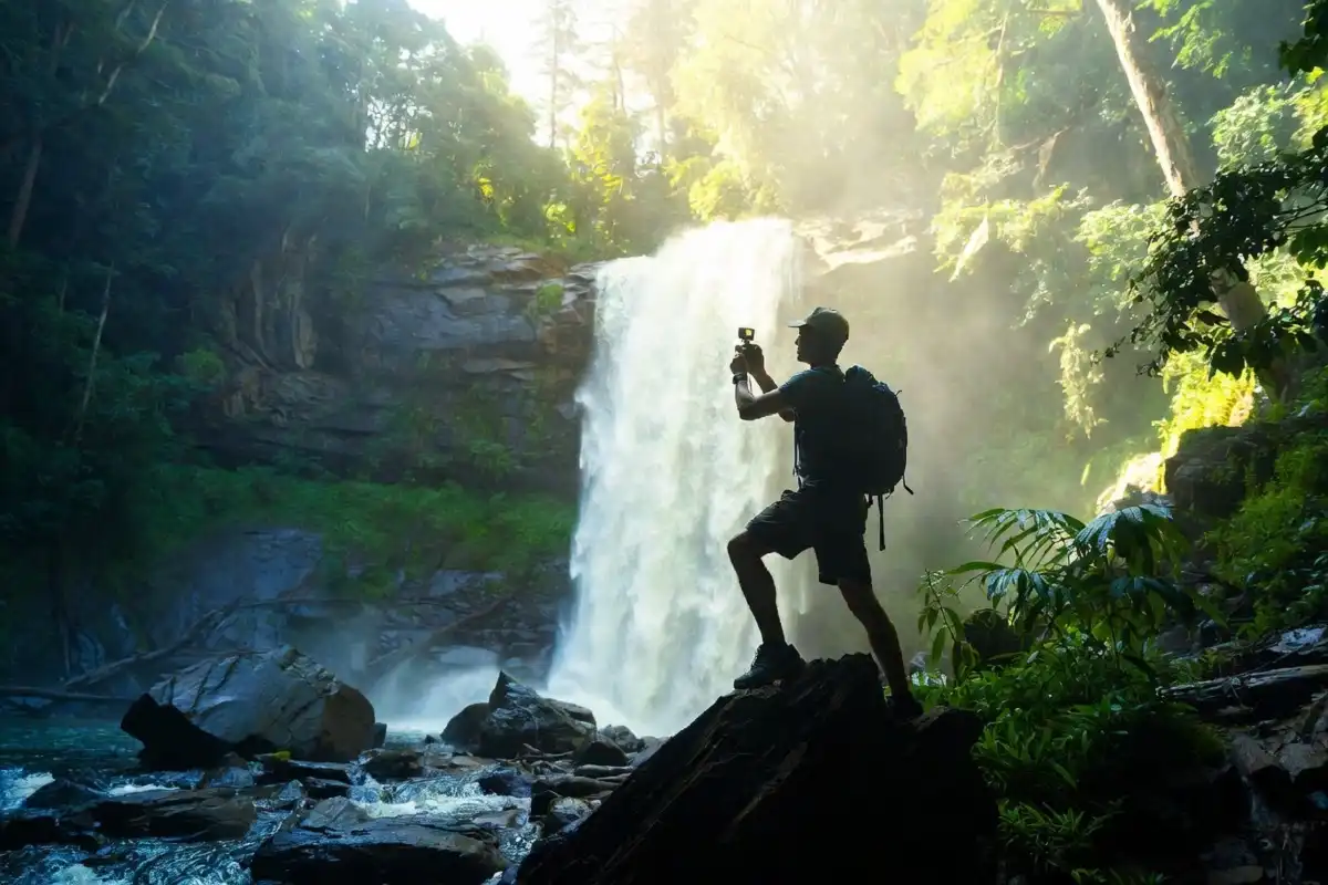 Adventurer using an action camera to film a waterfall