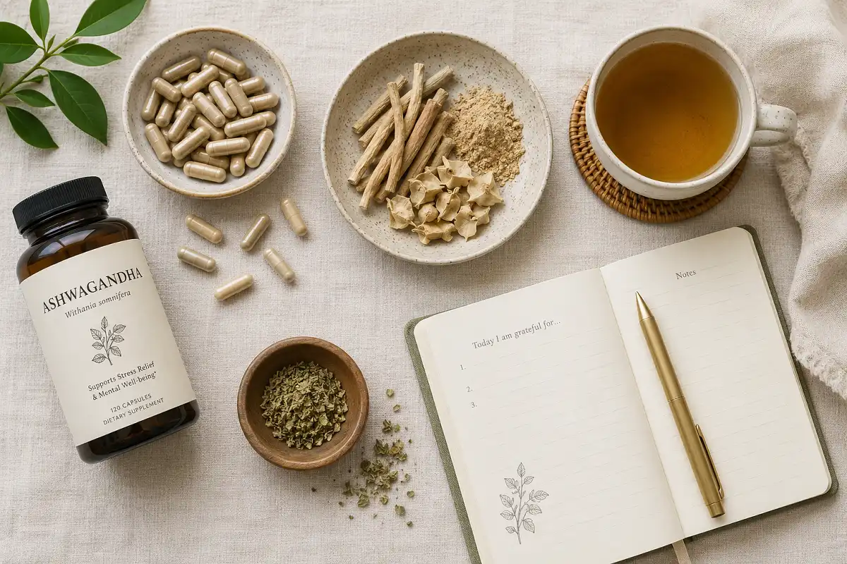 Ashwagandha capsules and herbal wellness items laid out on a linen surface