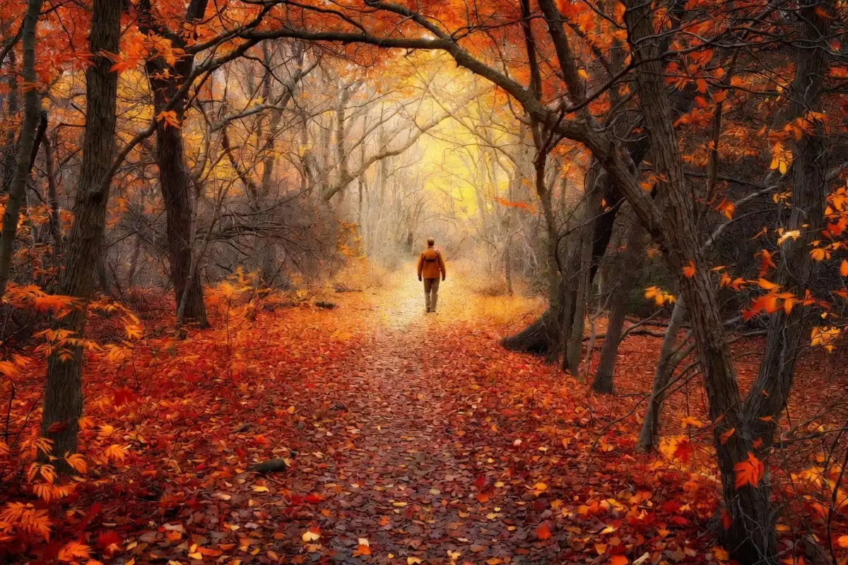 Solo hiker walking through an autumn forest trail blanketed in golden fallen leaves