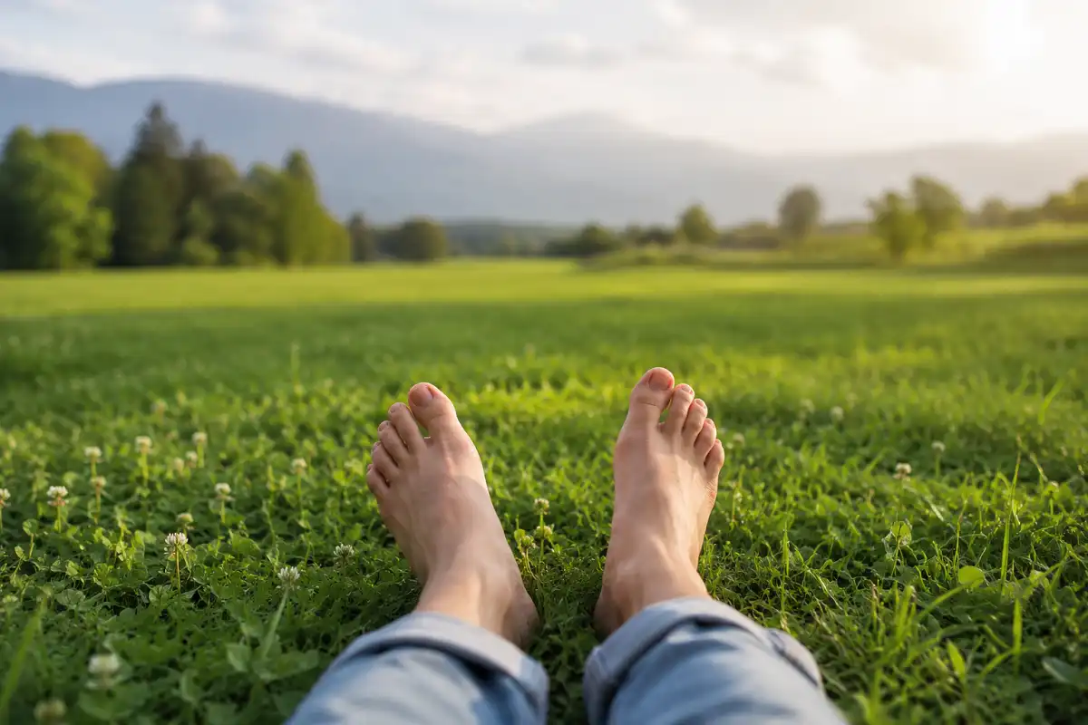 Bare feet on fresh green grass in an open field