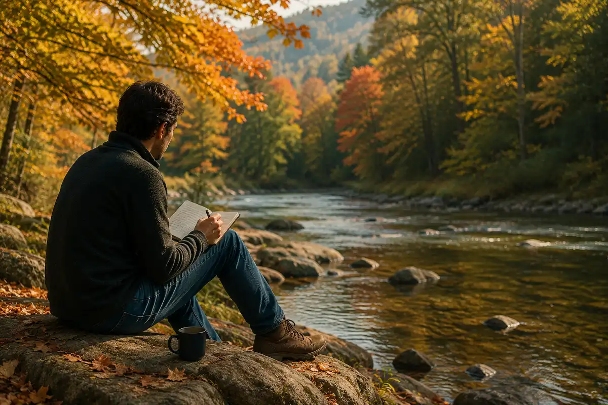 Person journaling beside a calm river surrounded by trees