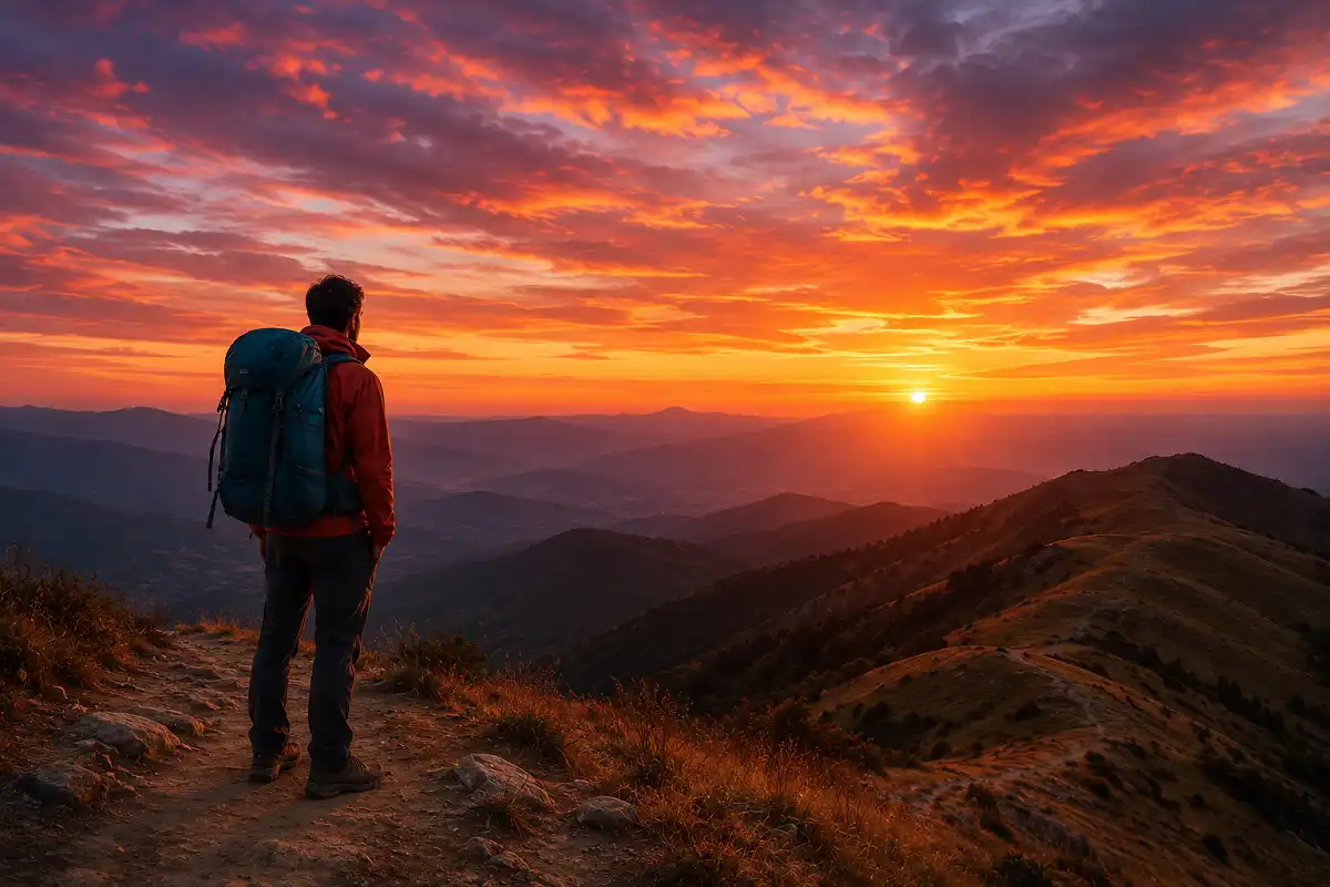 Hiker on a scenic trail watching a colorful sunset over mountains
