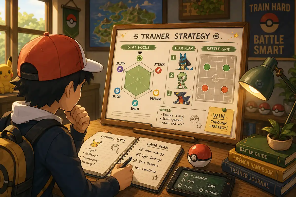 Pokemon trainer planning battle strategy with a bashful nature pokemon on screen
