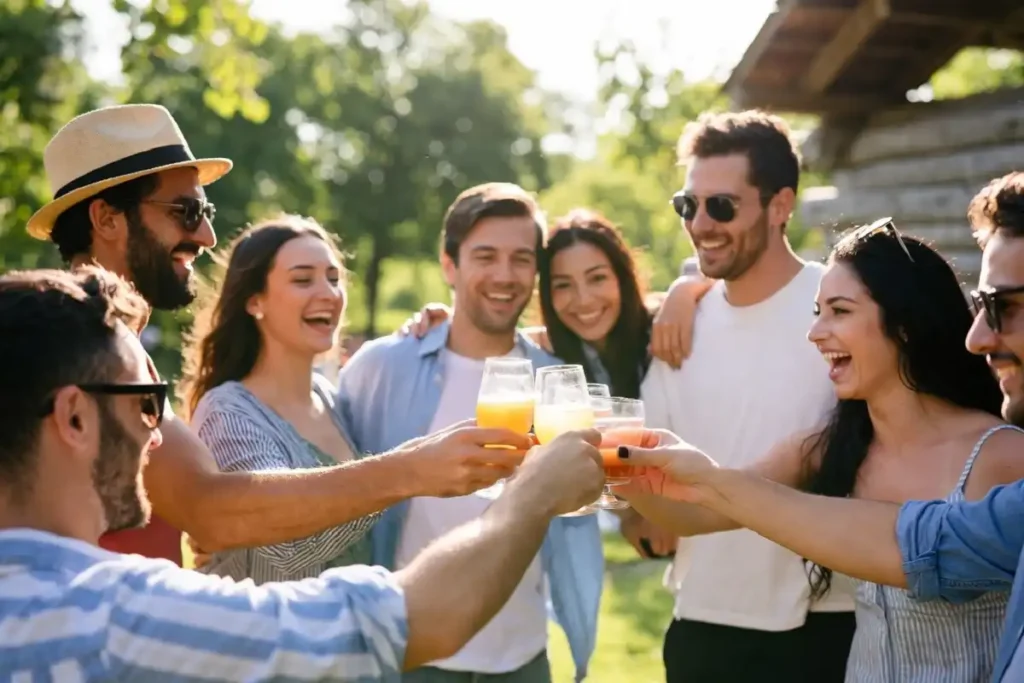 Friends laughing and celebrating a birthday together outdoors with the best wishes