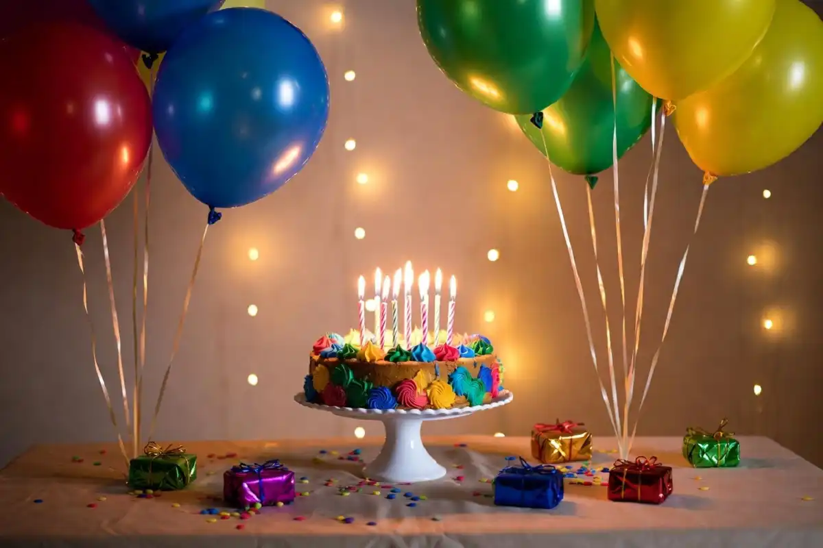 Colorful birthday celebration with balloons and cake representing best happy birthday wishes for friends
