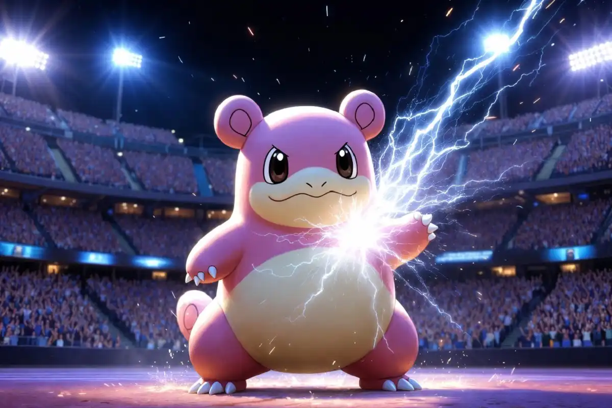Bold Nature Pokémon Slowbro tanking a powerful physical attack in a dramatic competitive battle