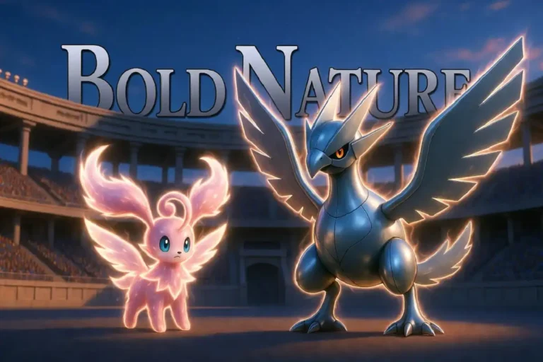 Bold Nature Pokémon — Clefable and Skarmory standing strong in a glowing battle arena