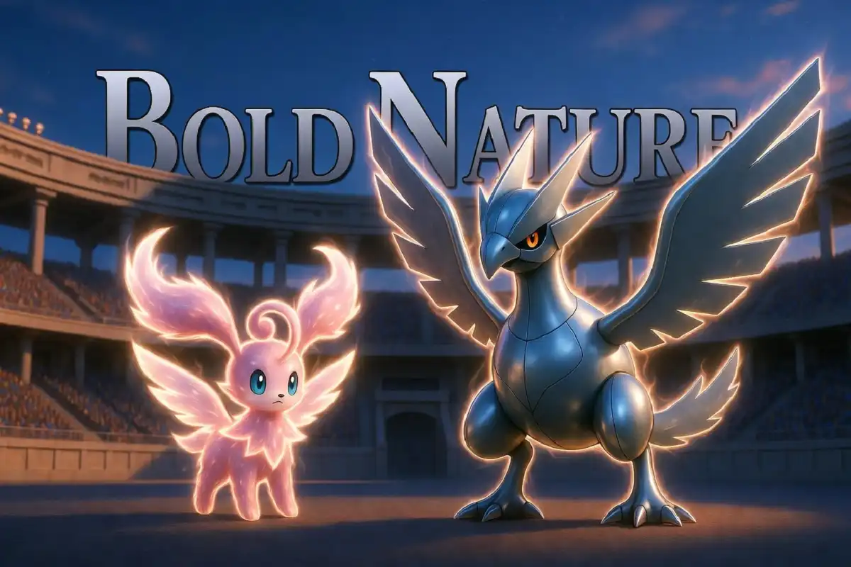 Bold Nature Pokémon — Clefable and Skarmory standing strong in a glowing battle arena