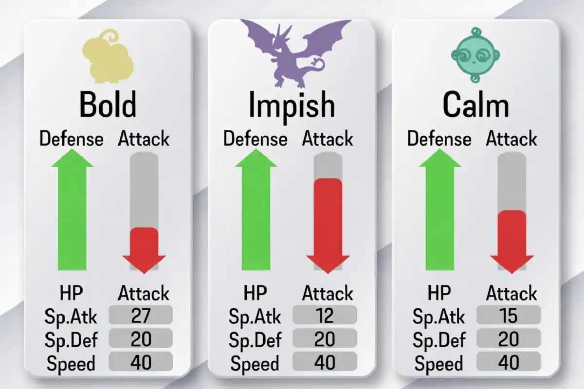 Infographic comparing Bold Nature Pokémon stat changes against Impish and Calm natures