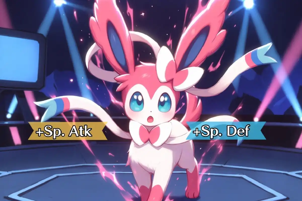 Sylveon using Calm Mind in battle, glowing with calm nature stat boosts
