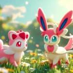 Calm nature Pokémon Blissey and Sylveon standing together in a serene meadow