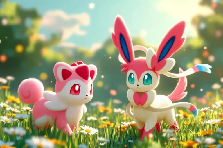 Calm nature Pokémon Blissey and Sylveon standing together in a serene meadow