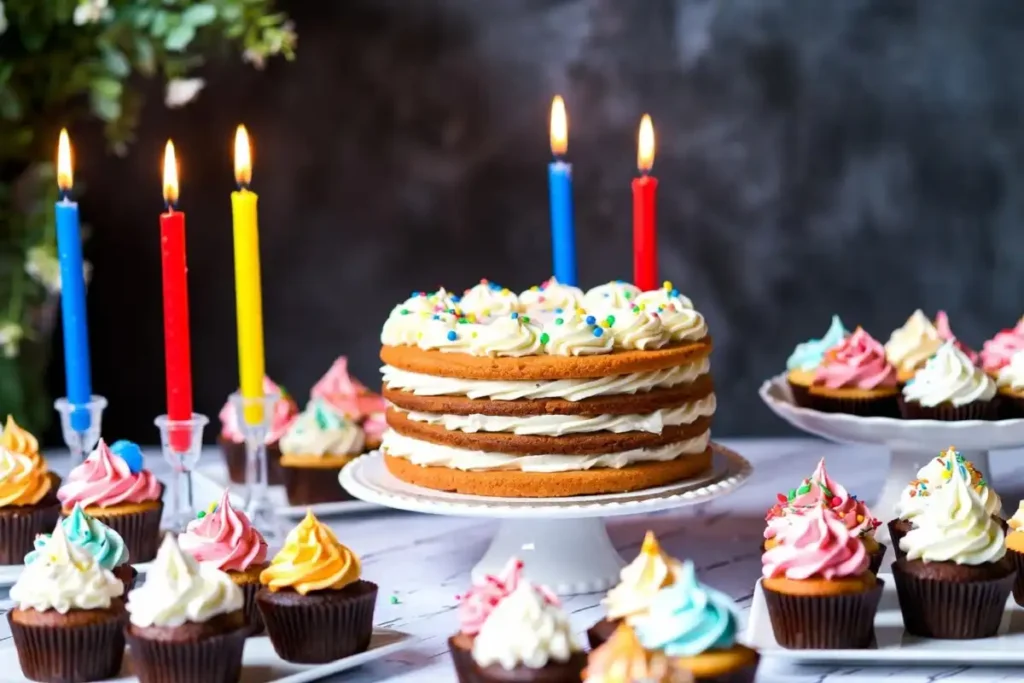 Festive dessert table with cake and candles for a birthday celebration