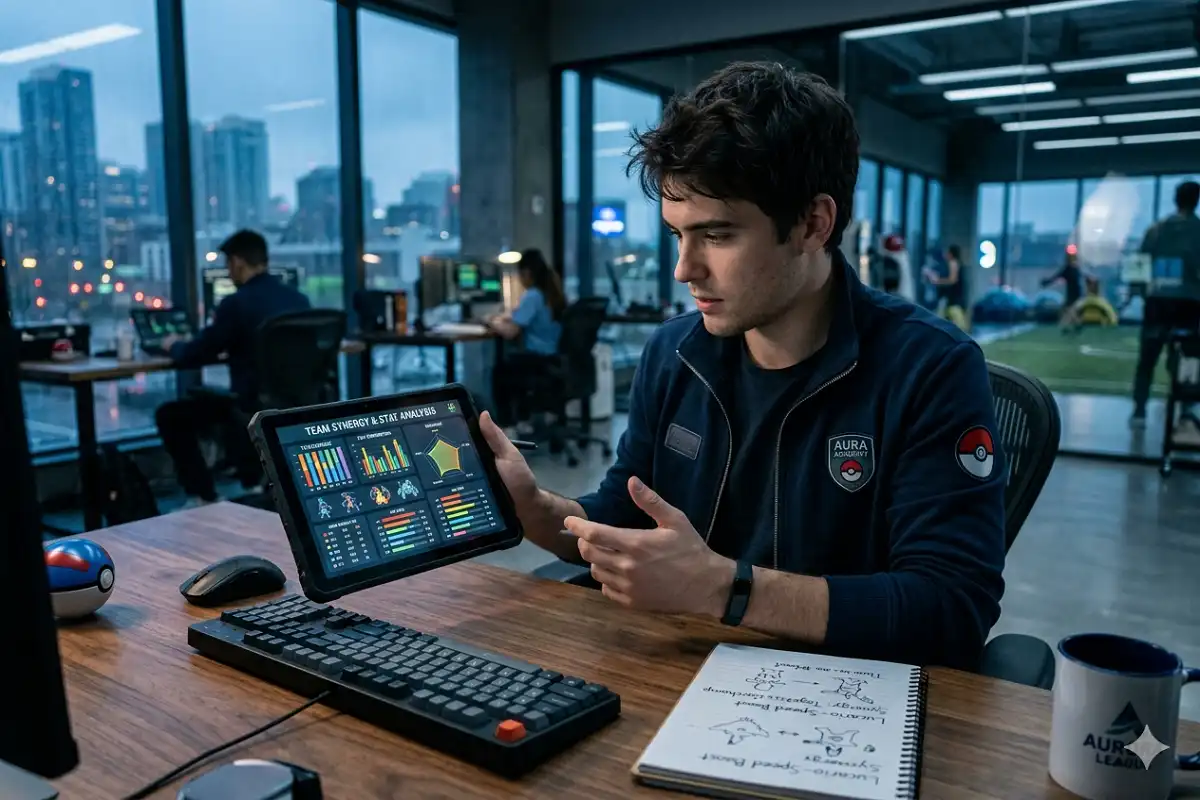 Competitive Pokémon trainer planning a team strategy on a tablet