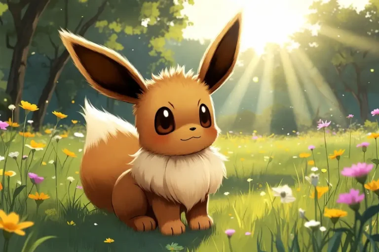 Docile nature Pokémon a calm Eevee sitting peacefully in a sunlit meadow