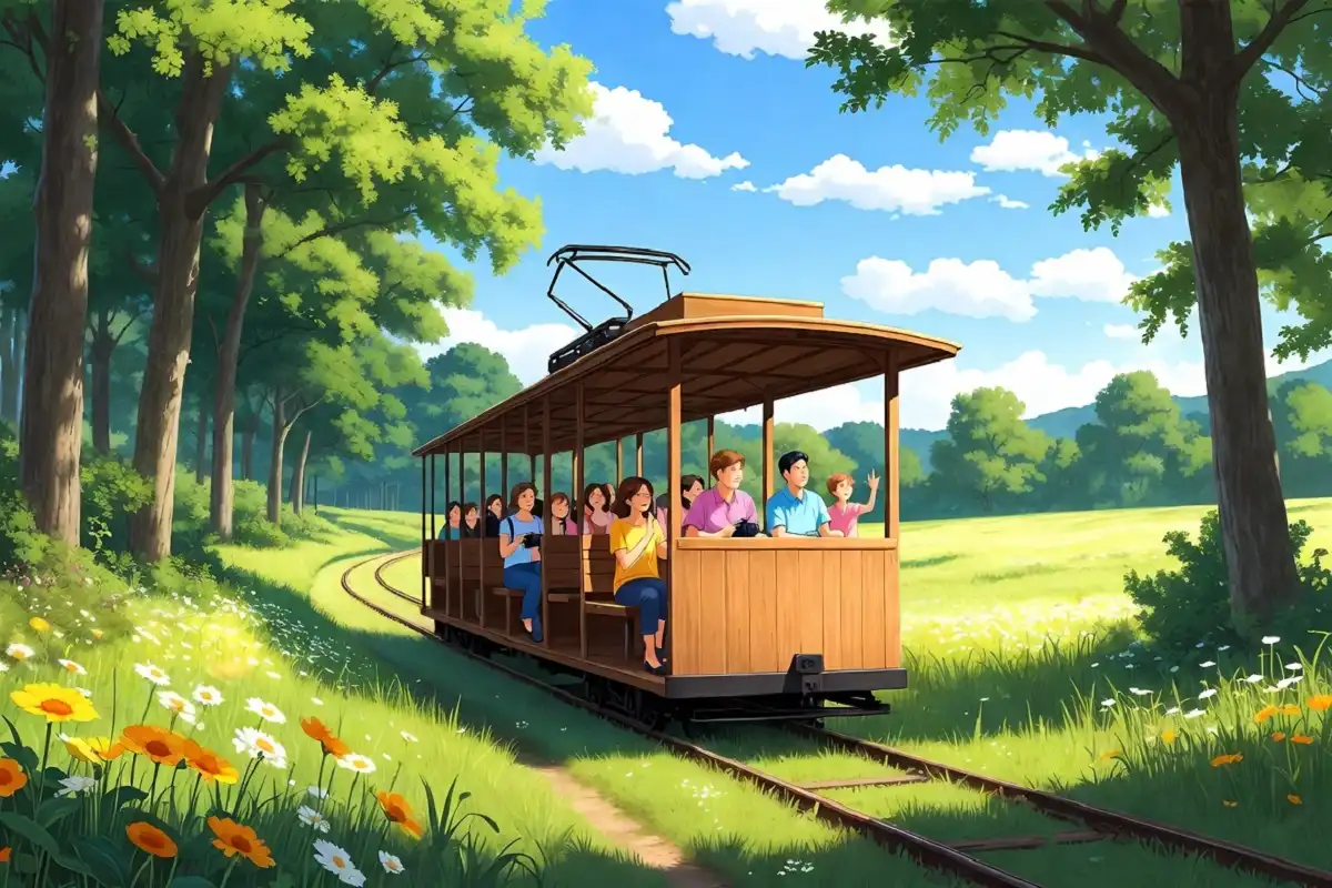 Family riding an open-air tram through a scenic forested nature park on a sunny day