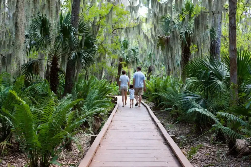 Family walking on a raised boardwalk through a green Florida nature preserve with ferns and cypress trees