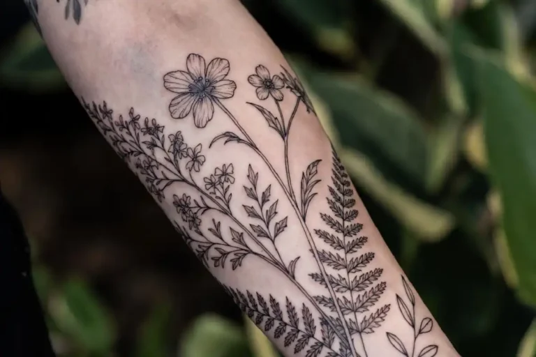 Fine line botanical nature tattoos with wildflowers and ferns on a forearm