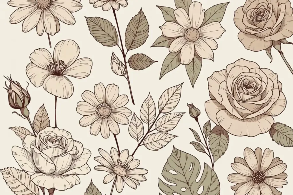 Botanical floral nature clipart with roses, daisies, and tropical leaves