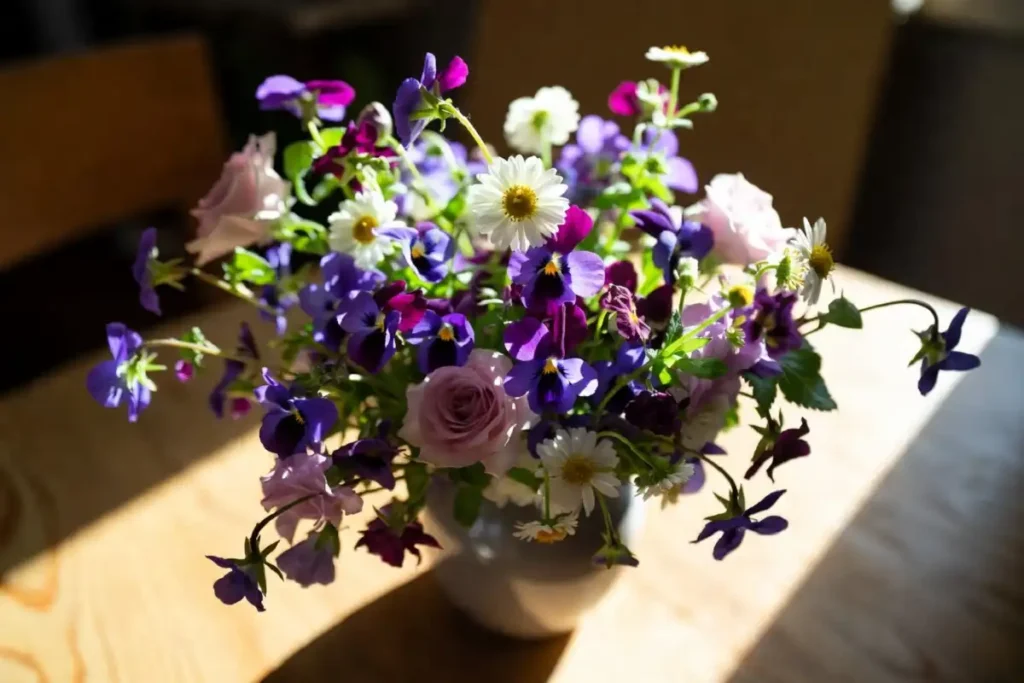 A loose bouquet of violets, roses, jasmine, and daisies representing flower-inspired nature girl names