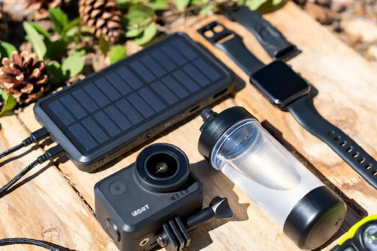 Collection of gadgets nature lovers use during outdoor adventures