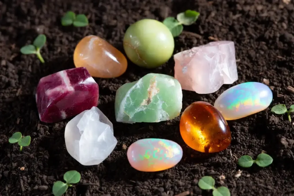 Raw gemstones including ruby, jade, amber, and opal resting on dark soil surrounded by green leaves