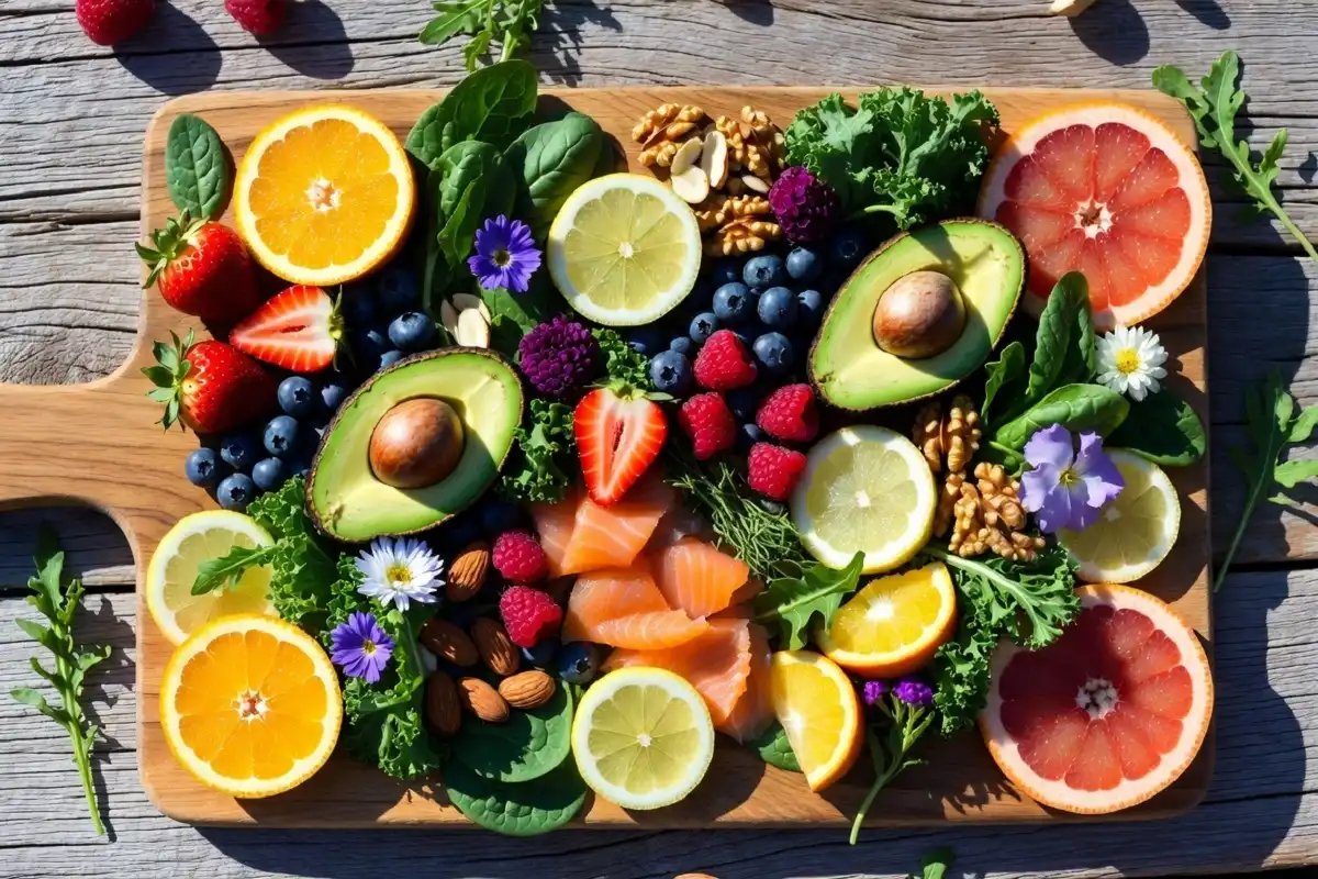Colorful array of glow-boosting fruits and vegetables for natural radiance