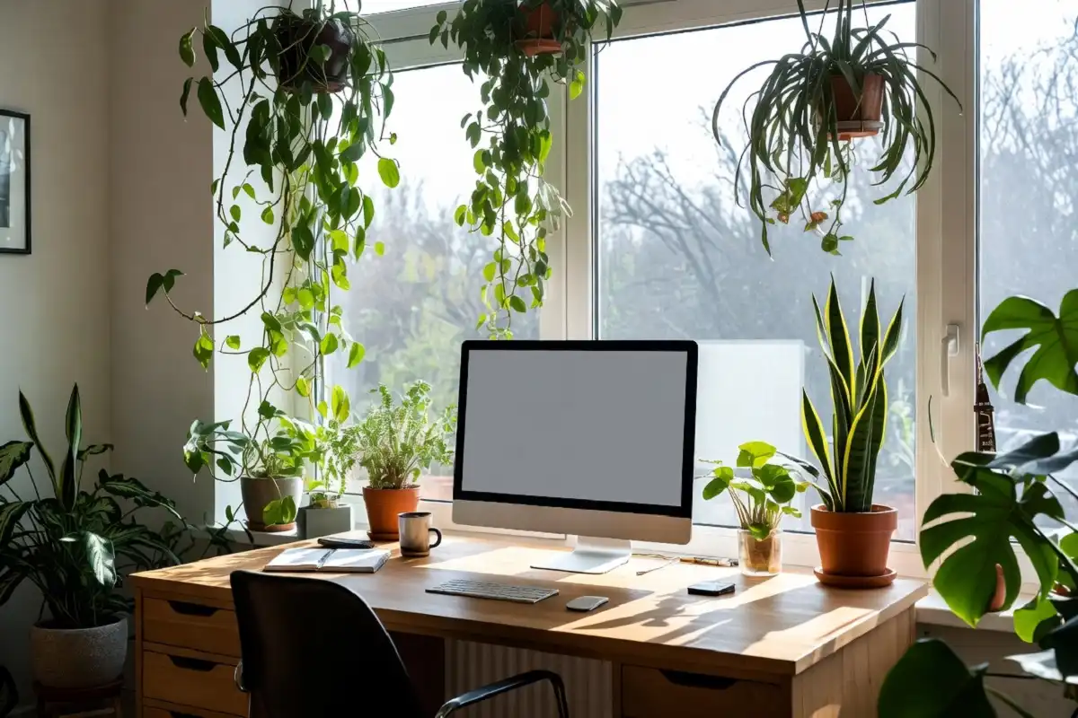 Modern home office desk filled with green plants for nature-based productivity