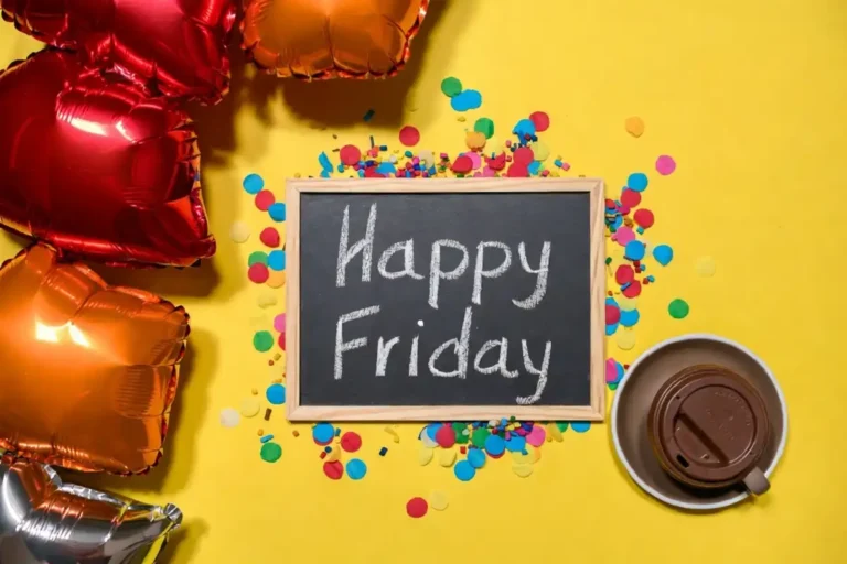 Colorful Happy Friday gifs celebration flat-lay with confetti balloons and coffee