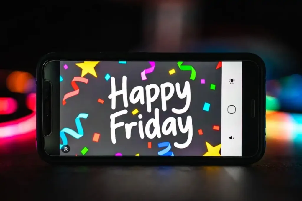 Smartphone screen showing a colorful happy friday gif with confetti animation