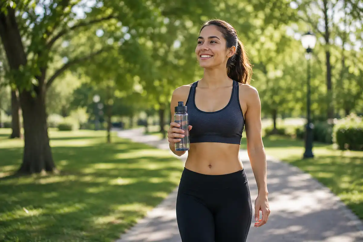 Active woman walking outdoors as part of a healthy wellness routine