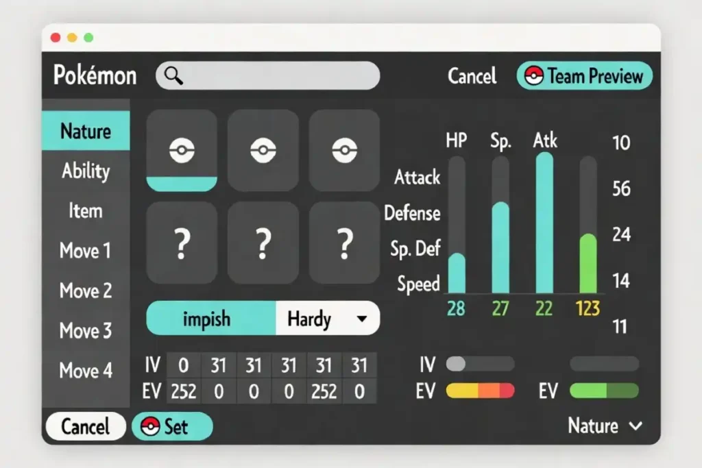 Pokemon team builder screen with impish nature selected and defense stat highlighted in competitive format