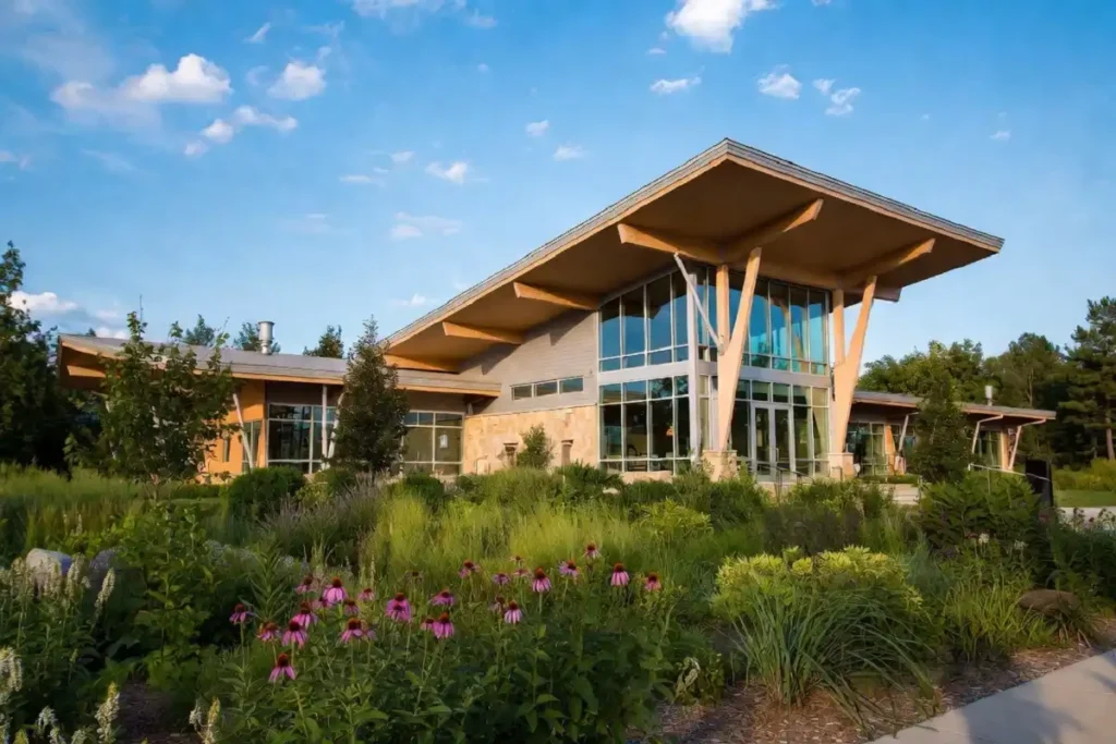 Sustainable green building at Indian Creek Nature Center with native garden plantings