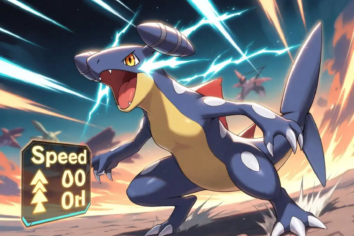 Jolly nature Pokémon Garchomp charging at full speed in a battle arena