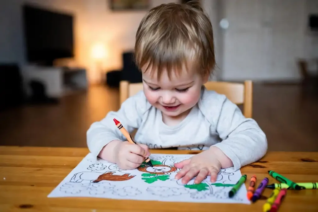 Child sitting at a table coloring a printable nature coloring page with crayons