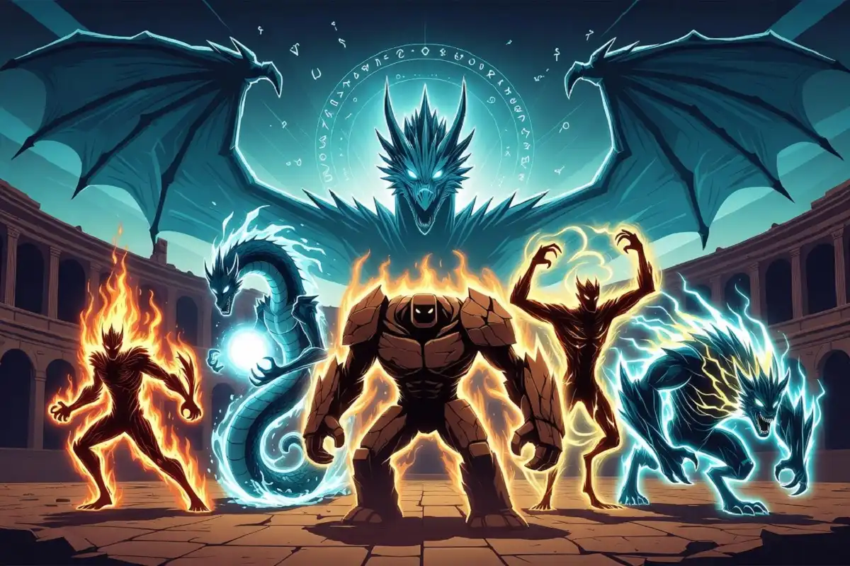 Fantasy creature silhouettes lined up in a glowing battle arena representing top modest nature picks