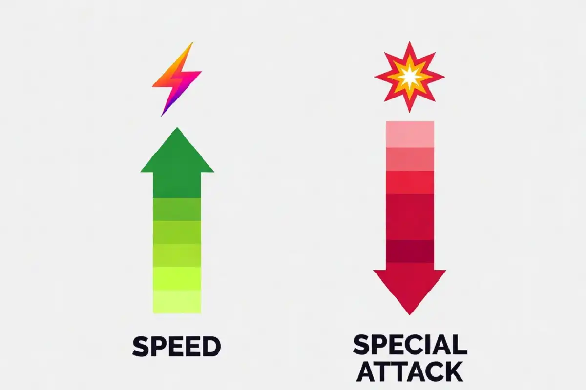Stat comparison chart showing special attack boost and speed reduction for modest nature