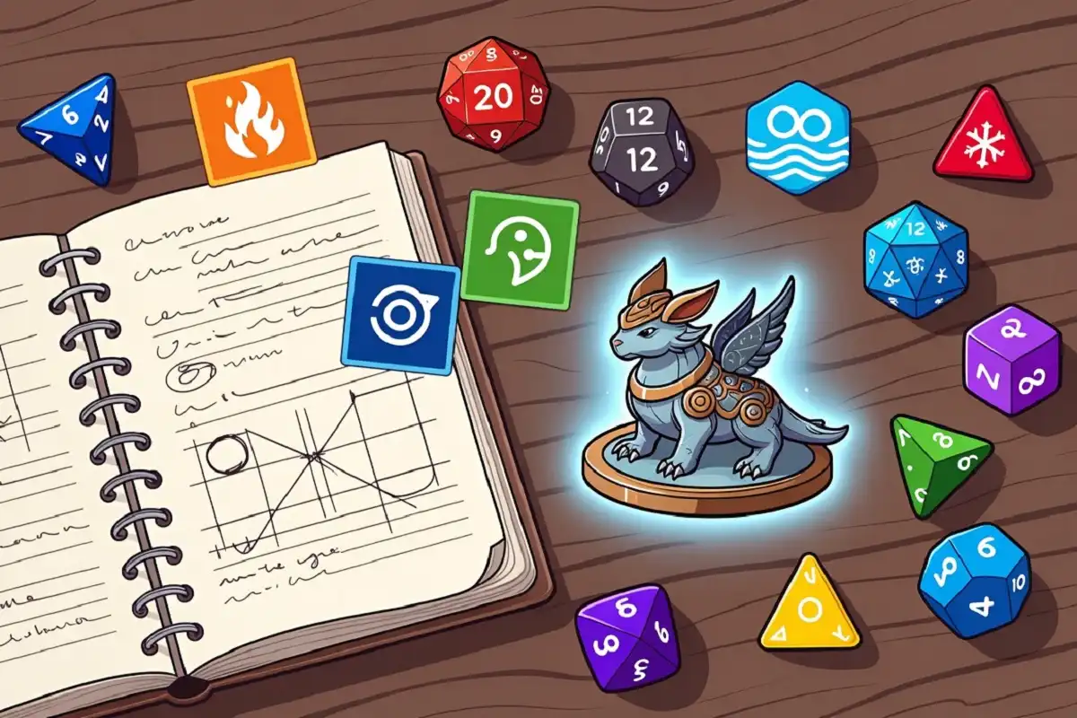 Game strategy concept with notebook and elemental icons representing Pokemon team building