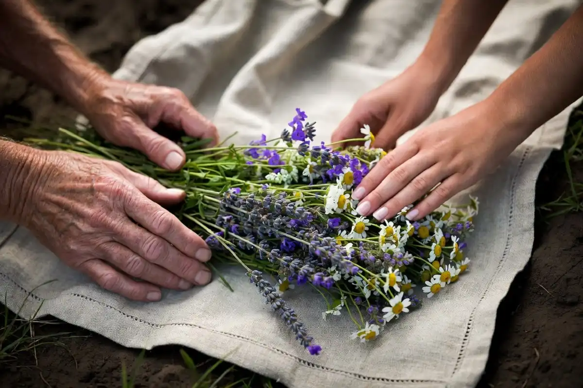 Hands gently placing wildflowers on a biodegradable burial shroud at a graveside ceremony
