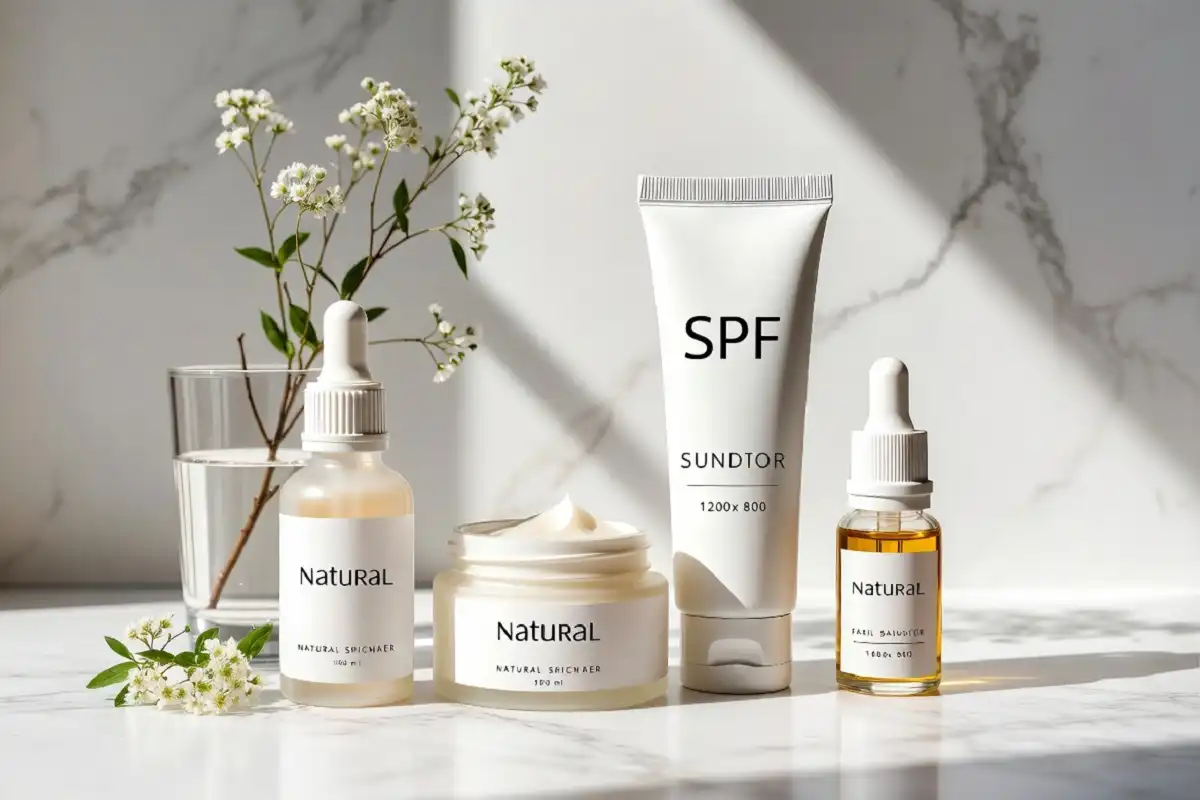 Natural skincare products arranged on marble surface for shiny by nature routine