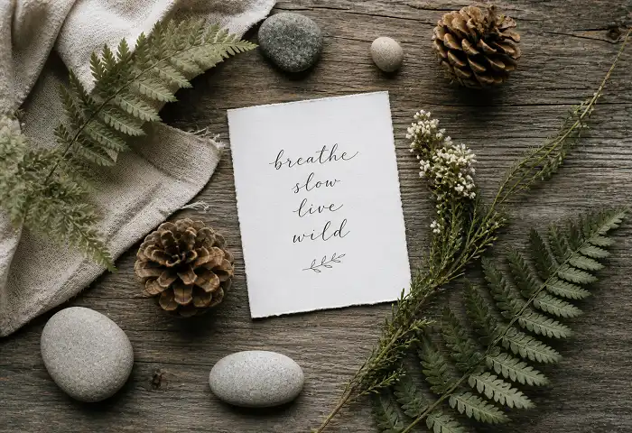Flat lay of green ferns, pine cones, river stones, and a name card — choosing nature boy names
