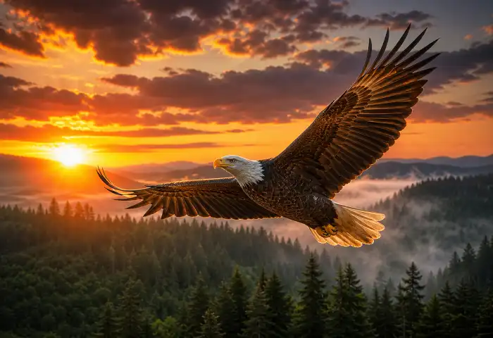 Bald eagle soaring above pine forest at golden sunrise — animal-inspired nature boy names