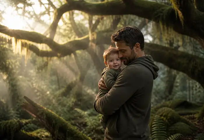 Father holding newborn baby boy in a sunlit ancient forest — nature boy names inspiration