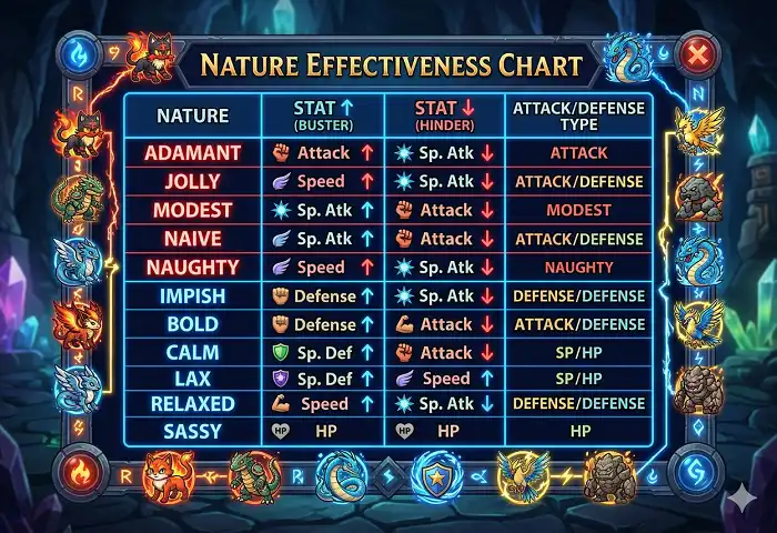 nature chart pokemon table showing attack and defense boosting natures with stat effects